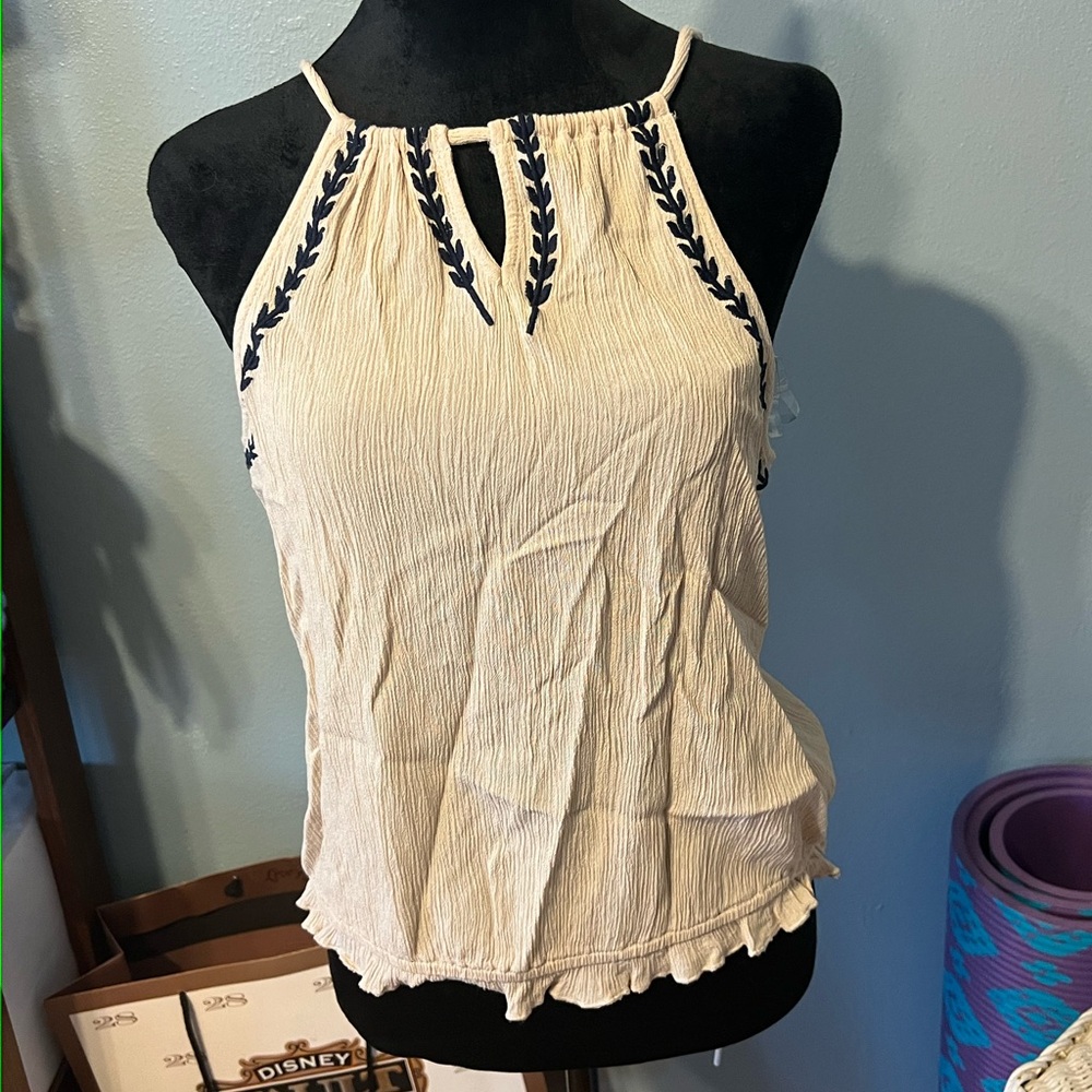 Maurices Beige Halter Top with Navy Embroidery